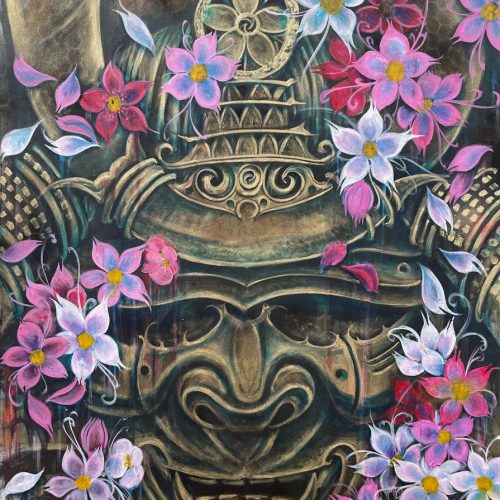 Samurai Mask and Flowers Canvas